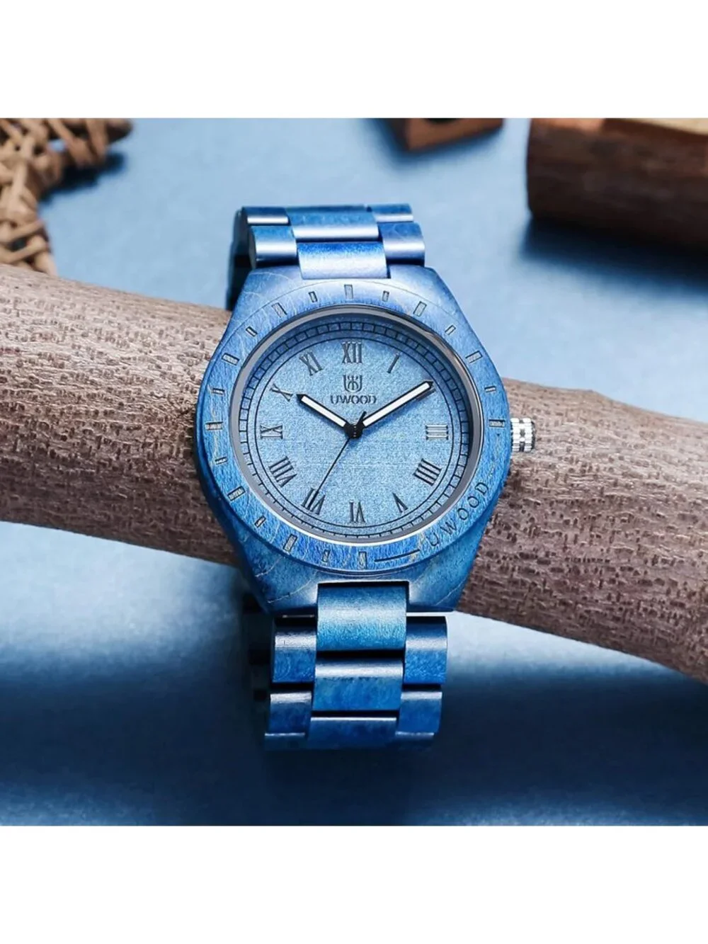 Men's Blue Handmade Sandalwood Uwood Analog Quartz Vintage Unique Wooden Watch